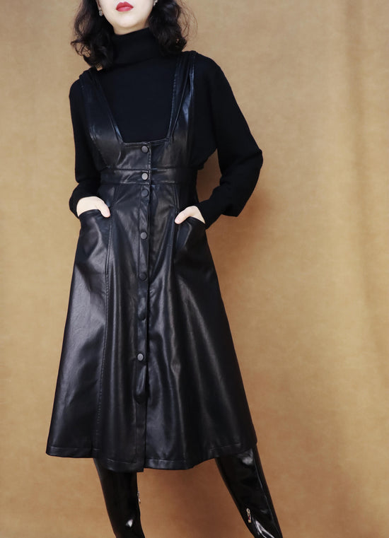 High-Waisted Vintage Black Leather Dress